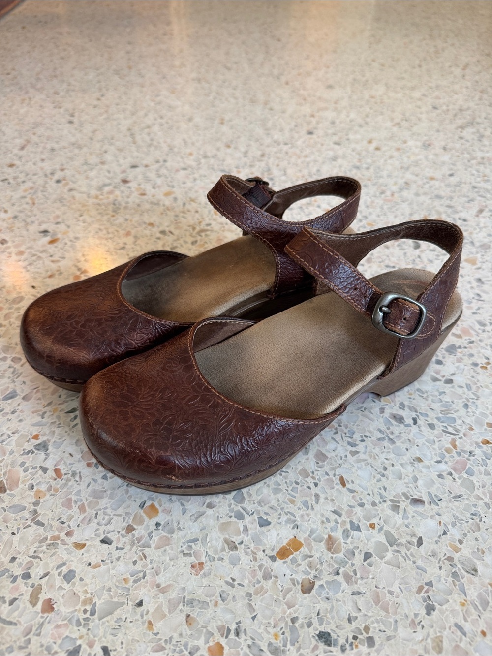 Dansko Brown Leather Floral-Embossed Mary Jane Clogs - Picture 7 of 7